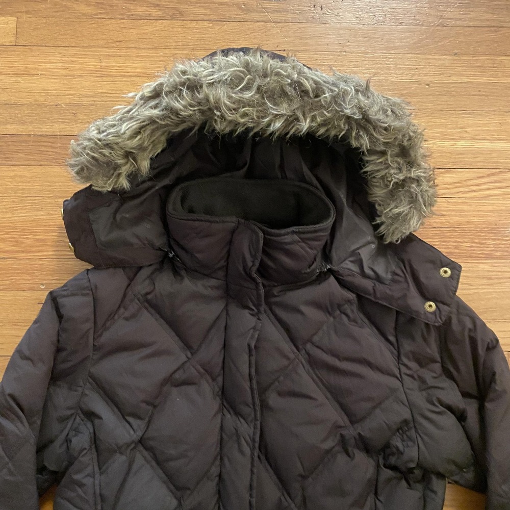 Lands' End Jacket Womens XS Petite Brown Quilted Down Faux Fur Hood Parka Zip - Picture 2 of 14